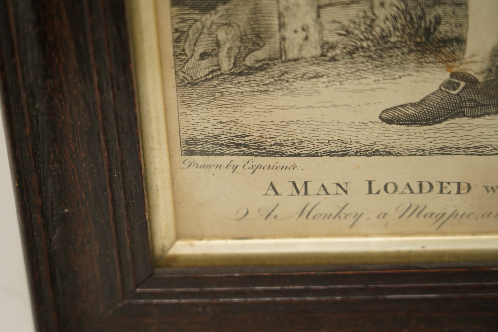 After William Hogarth (1697-1764), satirical print, 'A man loaded with mischief or matrimony', 34 x 23cm. Condition - poor to fair, staining commensurate with age